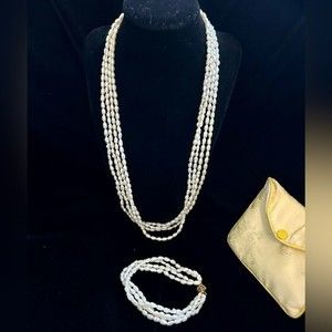 Freshwater pearl four strand necklace and bracelet set 14k gold clasp